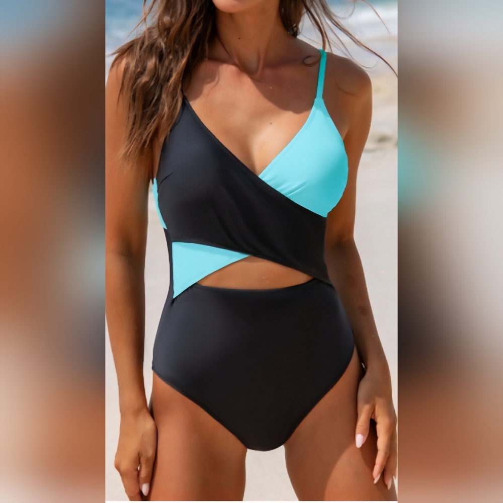Popvil Women's Size Large Color Block Open Back One Piece Swimsuit NWT